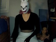 Preview 5 of Bunny May Pt1! Female masked girl plays around with her white rabbit mask and her rubber body!