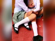 Preview 3 of Public Threesome! Lesbian Friends Kissing and Fucking Behind Classrooms in the School ! Real Amateur