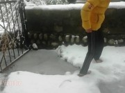 Preview 3 of Stranger girl pissing in back yard to snow