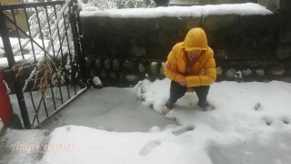 Stranger girl pissing in back yard to snow