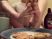 Preview 2 of ASMR Trans Twink Covers Feet in Cookies CHOCOLATE SYRUP and Milk