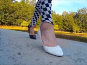 Preview 1 of Crossdresser in short dress and heels walking around a park
