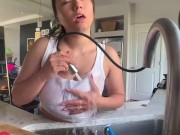 Preview 6 of HORNY HOUSEWIFE GETS HER TITS SOAKED AND HAS A BODY SHAKING ORGASM ON THE COUNTER