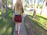 Preview 5 of Naughty girl in miniskirt no panties flashing in the park (public upskirt)