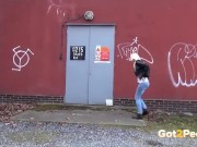 Preview 2 of Hot Blonde In Denim Caught Pissing Outside