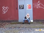 Preview 3 of Hot Blonde In Denim Caught Pissing Outside