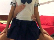 Preview 5 of cute girl wearing japanese schoolgirl outfit gets dry humped from behind, cum in pants assjob