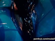 Preview 1 of Heavy rubber goddess with big tits in transparent blue latex catsuit and mask masturbates - part 4