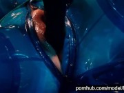 Preview 2 of Heavy rubber goddess with big tits in transparent blue latex catsuit and mask masturbates - part 4