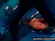 Preview 3 of Heavy rubber goddess with big tits in transparent blue latex catsuit and mask masturbates - part 4