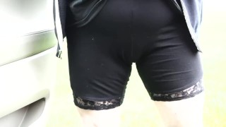 Desperate leggings pee along the road 