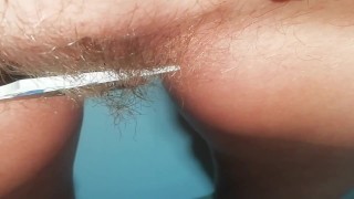 Pubic haircut with big Kitchen scissors - so scary to damage my pussy