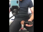 Preview 5 of RISKY MASTURBATION and CHASTITY DEVICE ON + HEAVY BALL STRETCHER at PUBLIC HOTEL'S GYM