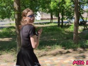 Preview 2 of cute schoolgirl in glasses and stockings skips class while walking in central park
