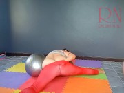 Preview 3 of Regina Noir. A woman in yoga leotards practices yoga in the gym. Transparent red leotard yoga. 2