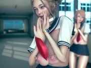 Preview 6 of Dripping cute girls in slut uniform with dildos sexy dance MMD R18