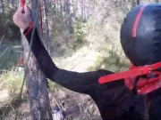 Preview 4 of Outdoor sex in the wood. Wearing sexy clothes and high heels, bound, throated and fucked