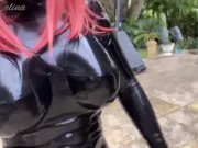 Preview 4 of Walking in Latex Catsuit with Fake Silicone Breasts