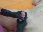 Preview 5 of Cock massage in black latex gloves makes him cum 4 times