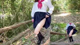 Naughty Japanese girl in uniform starts touching her clit and cums in 35 seconds!