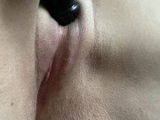 Preview 1 of She spread her legs and began to masturbate her plump pussy with a dildo close-up