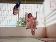 Preview 2 of Cute housewife has fun without panties on the swing Slut swings and shows her perfect pussy 1