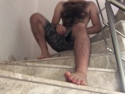 Preview 1 of Sexy hot hairy bear male I cum big sperm on my feet on the stairs