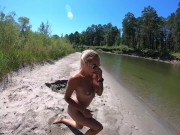 Preview 3 of Russian nudist slut masturbates on a public beach.
