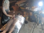 Preview 4 of Femdom wraps sub in saran wrap and is slowly edged
