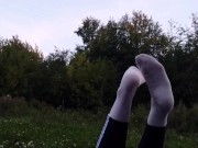 Preview 3 of Such tempting feet!  Cutie outdoors in a public place with a beautiful ass and legs