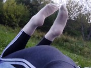Preview 5 of Such tempting feet!  Cutie outdoors in a public place with a beautiful ass and legs