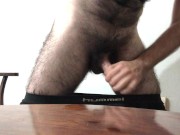 Preview 3 of Long hairy horny guy watching porn handjob cumshot on table