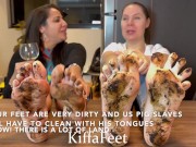 Preview 3 of Goddess Kiffa and Goddess Grazi Dirty feet 6 Slave has to clean 2 pairs of dirty feet and got slappe
