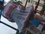 Preview 1 of Pink Sissy Ponyboy In Sexy Stockings Posing In Public And Jumping On The Cam