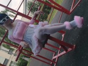 Preview 3 of Pink Sissy Ponyboy In Sexy Stockings Posing In Public And Jumping On The Cam