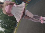 Preview 5 of Pink Sissy Ponyboy In Sexy Stockings Posing In Public And Jumping On The Cam