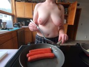 Preview 2 of Topless housewife takes on 3 hot wieners at once