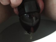 Preview 3 of Sissy Piss & Cum in Chastity Cage at Mall's Bathroom