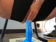 Preview 4 of My step sister impales herself on a huge dildo in her pierced cunt, riding my cock to get creampied