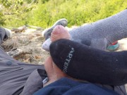 Preview 4 of she gives me a footjob, sockjob, during a treking (outdoor)