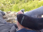 Preview 5 of she gives me a footjob, sockjob, during a treking (outdoor)