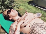 Preview 3 of Hot inked girl playing with her big boobs next to the pool