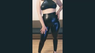 Shiny wet look leggings tease for your dick