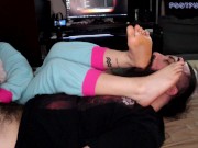 Preview 5 of Tattooed Babe In Onesie Sucks Cock & Gives Foot Smothering Handjob - FOOTPUNKZ