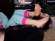 Preview 6 of Tattooed Babe In Onesie Sucks Cock & Gives Foot Smothering Handjob - FOOTPUNKZ