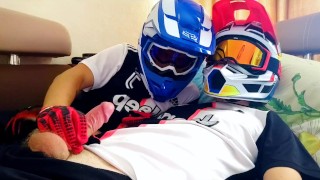 Two guys in helmets jerk off and cum