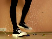 Preview 1 of TRANNY GIANTESS CRUSHES TOY CARS IN SNEAKERS, MINI SKIRT AND DARK PANTYHOSES - 1 (CRUSH FETISH)