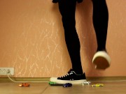 Preview 2 of TRANNY GIANTESS CRUSHES TOY CARS IN SNEAKERS, MINI SKIRT AND DARK PANTYHOSES - 1 (CRUSH FETISH)