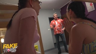 Fake Hostel - Easy Euro girls accidentally flash nips before squirting orgasm and big ass threesome