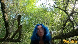 cutie in glasses with blue hair fucks and gives a good blowjob in the woods